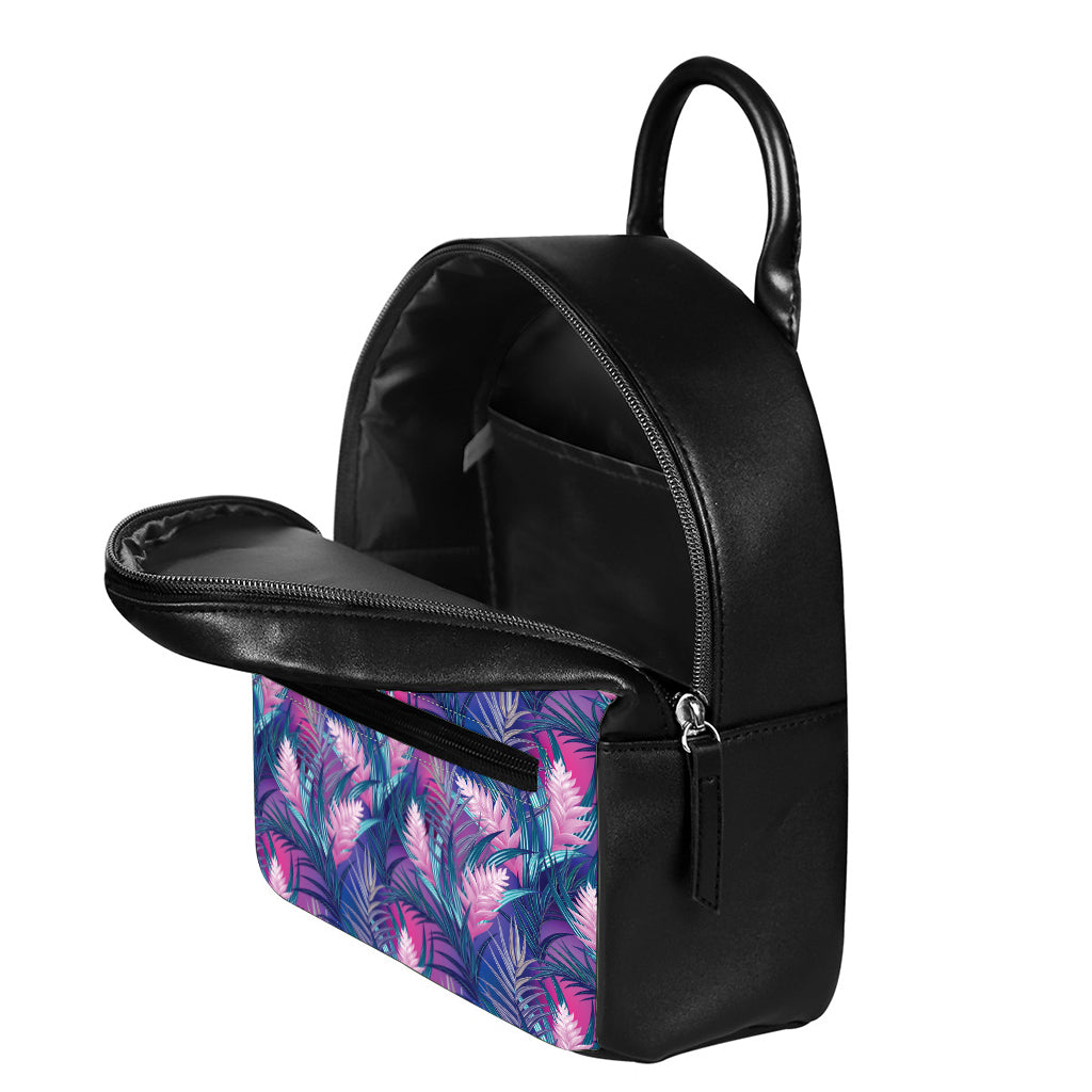 Teal And Pink Tropical Floral Print Leather Backpack