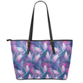 Teal And Pink Tropical Floral Print Leather Tote Bag With Zipper