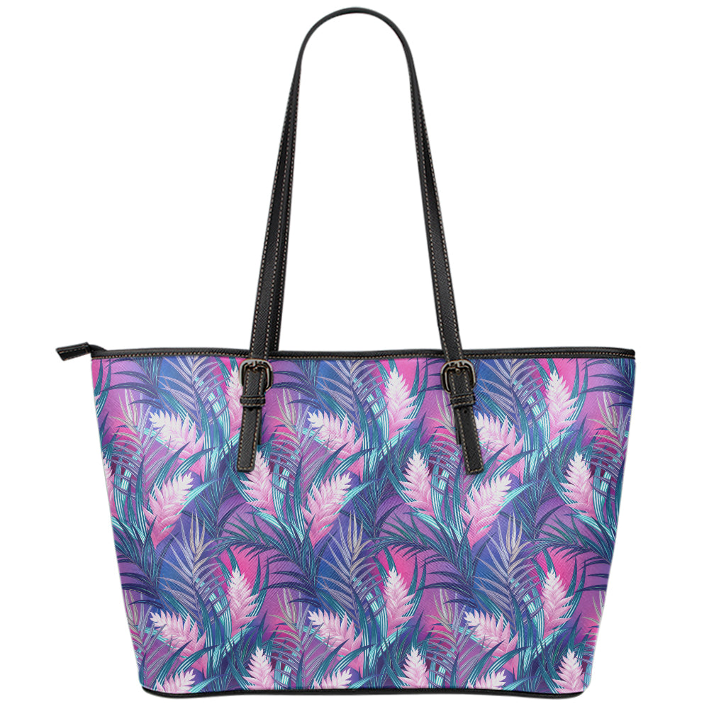 Teal And Pink Tropical Floral Print Leather Tote Bag