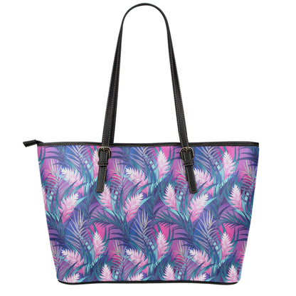 Teal And Pink Tropical Floral Print Leather Tote Bag