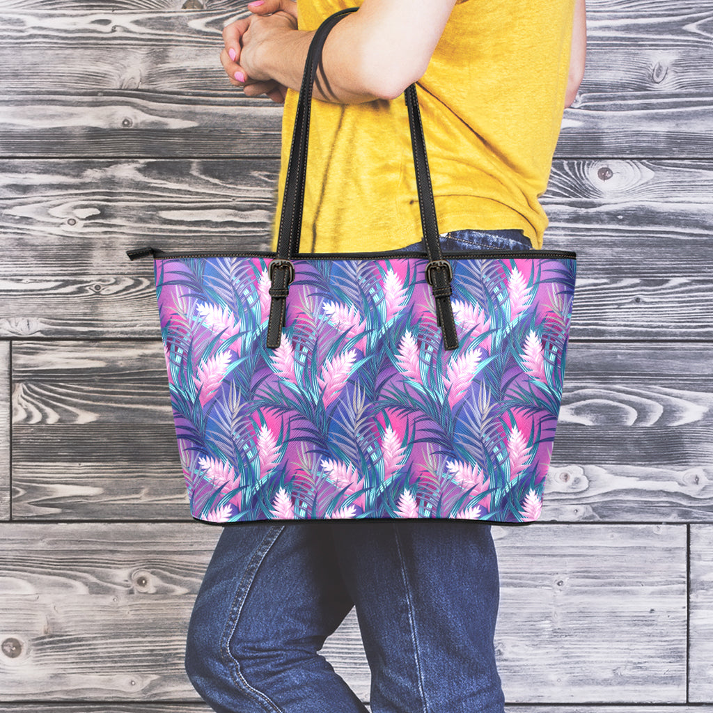 Teal And Pink Tropical Floral Print Leather Tote Bag