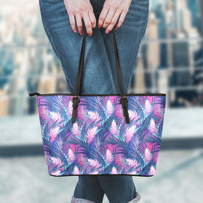 Teal And Pink Tropical Floral Print Leather Tote Bag