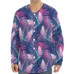 Teal And Pink Tropical Floral Print Long Sleeve Baseball Jersey