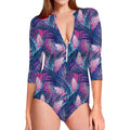 Teal And Pink Tropical Floral Print Long Sleeve Swimsuit