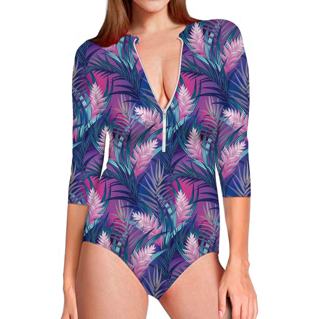 Teal And Pink Tropical Floral Print Long Sleeve Swimsuit