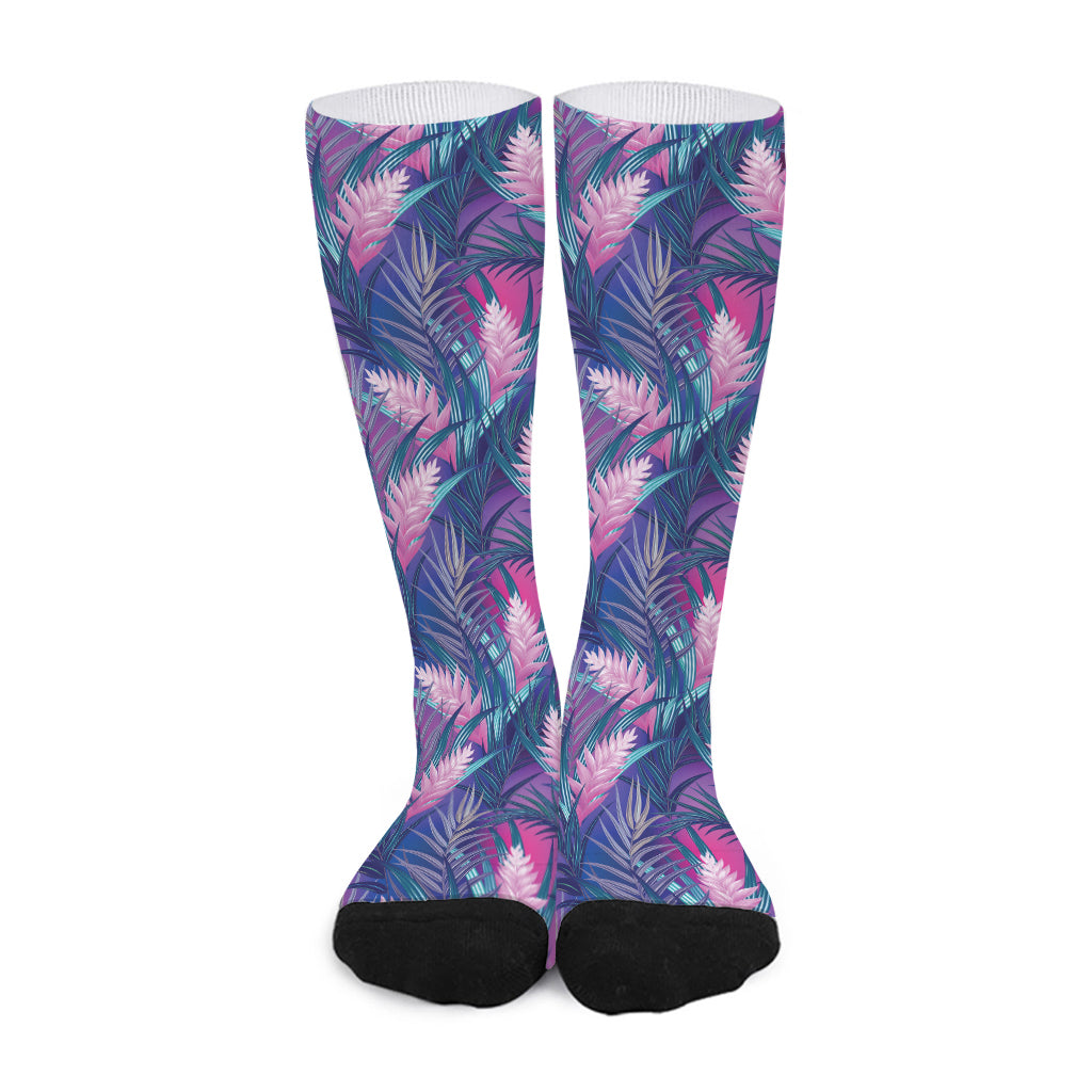 Teal And Pink Tropical Floral Print Long Socks