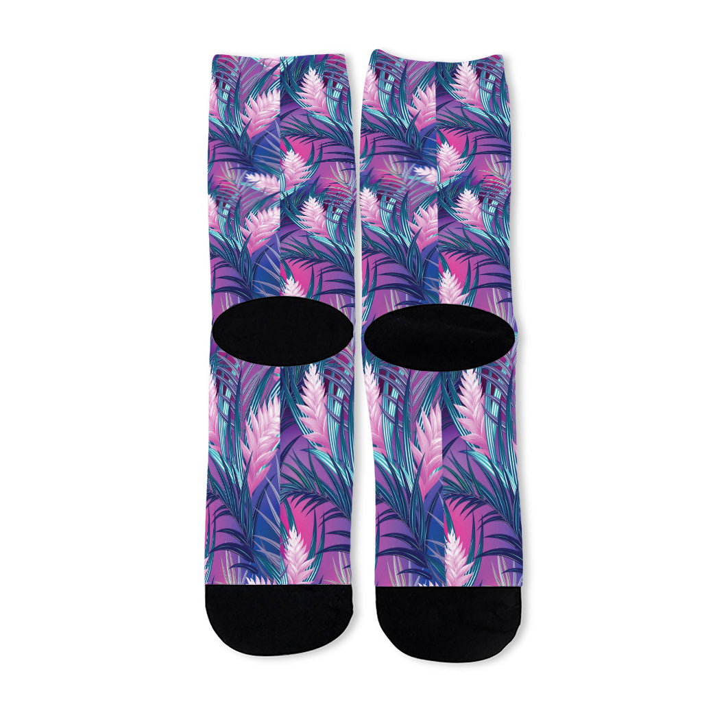 Teal And Pink Tropical Floral Print Long Socks