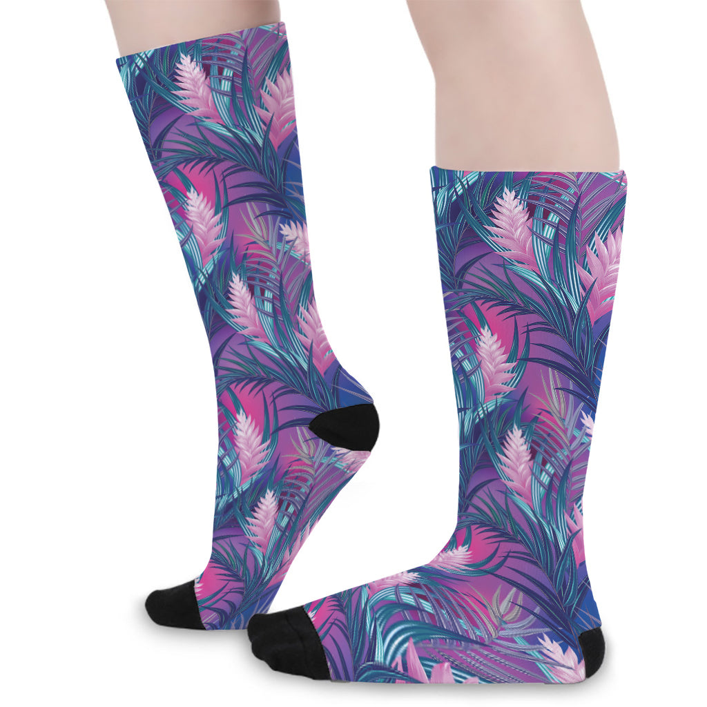 Teal And Pink Tropical Floral Print Long Socks