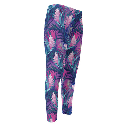 Teal And Pink Tropical Floral Print Men's Compression Pants