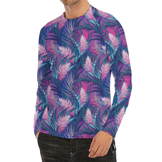 Teal And Pink Tropical Floral Print Men's Long Sleeve Rash Guard