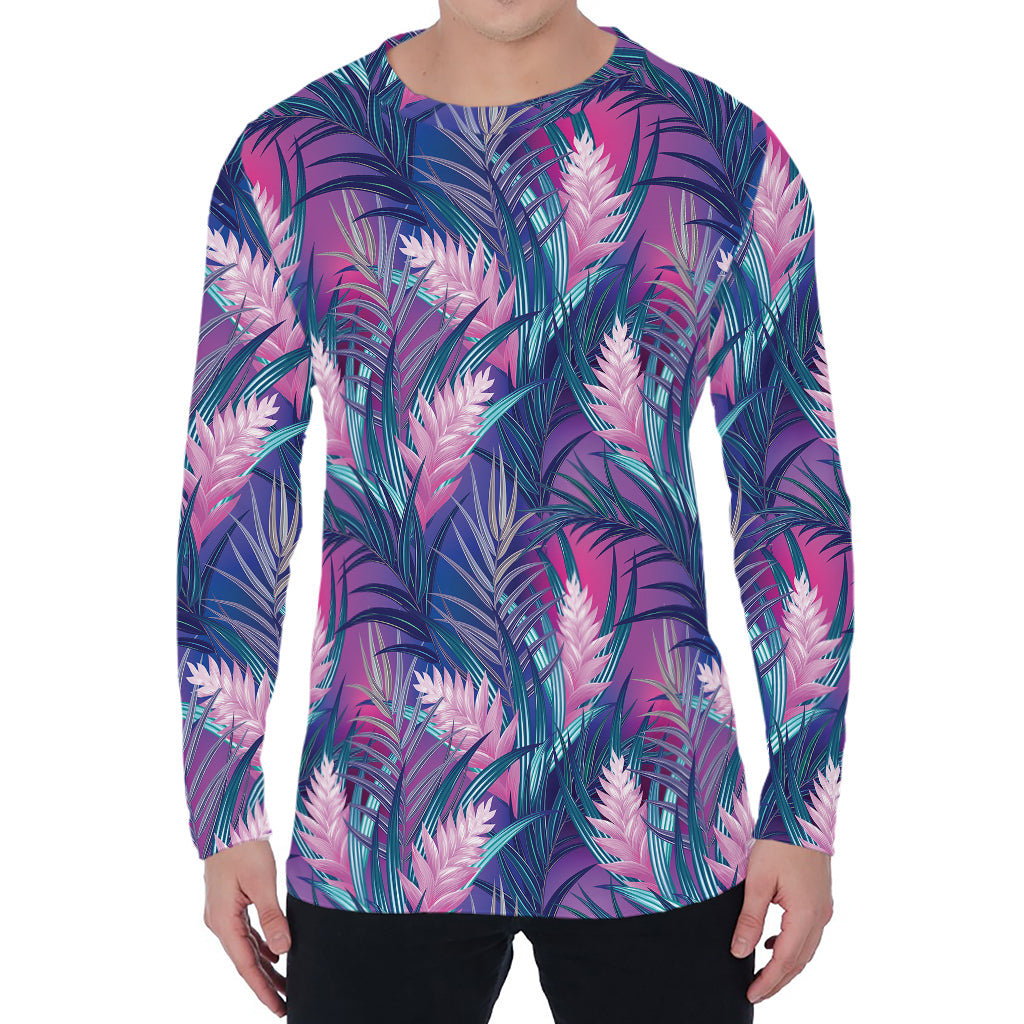 Teal And Pink Tropical Floral Print Men's Long Sleeve T-Shirt