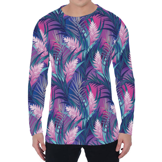 Teal And Pink Tropical Floral Print Men's Long Sleeve T-Shirt