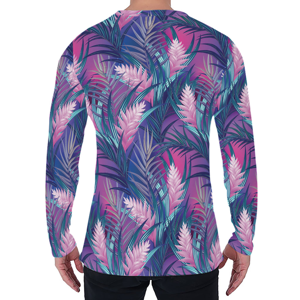 Teal And Pink Tropical Floral Print Men's Long Sleeve T-Shirt