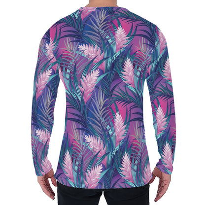 Teal And Pink Tropical Floral Print Men's Long Sleeve T-Shirt