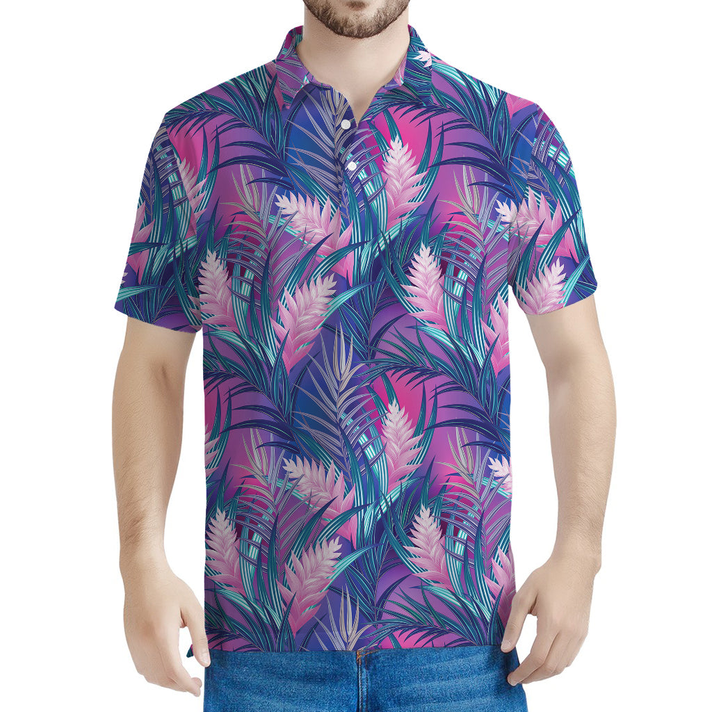 Teal And Pink Tropical Floral Print Men's Polo Shirt