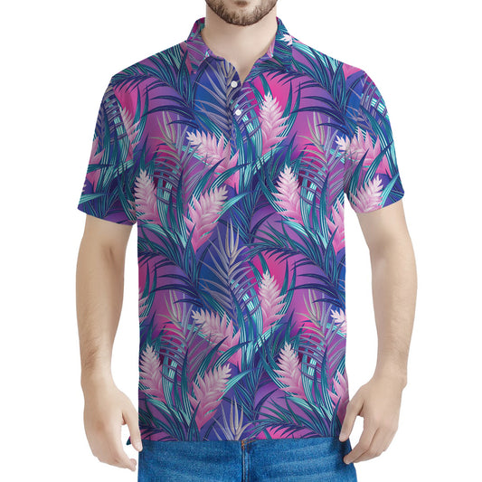 Teal And Pink Tropical Floral Print Men's Polo Shirt