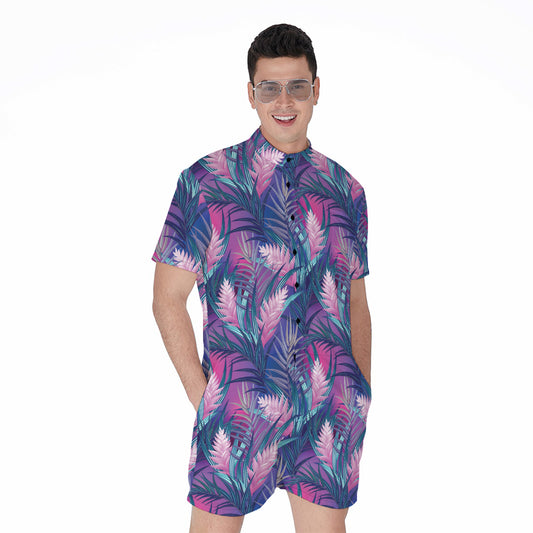 Teal And Pink Tropical Floral Print Men's Rompers