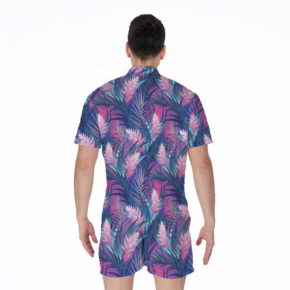 Teal And Pink Tropical Floral Print Men's Rompers