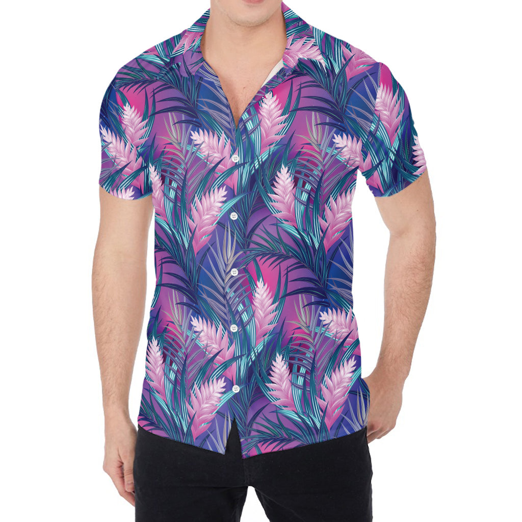 Teal And Pink Tropical Floral Print Men's Shirt