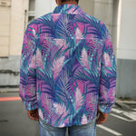 Teal And Pink Tropical Floral Print Men's Shirt Jacket