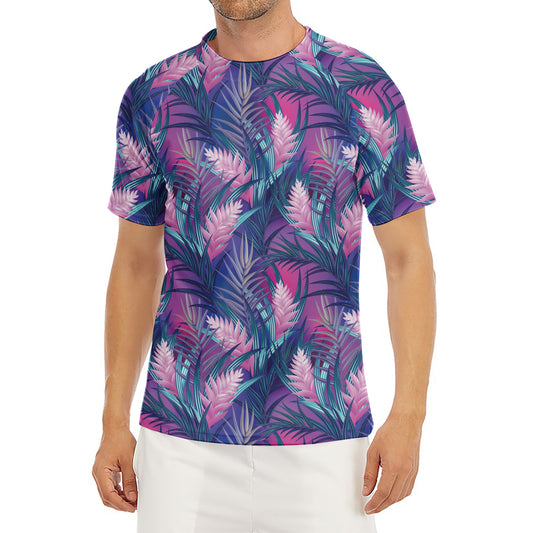Teal And Pink Tropical Floral Print Men's Short Sleeve Rash Guard