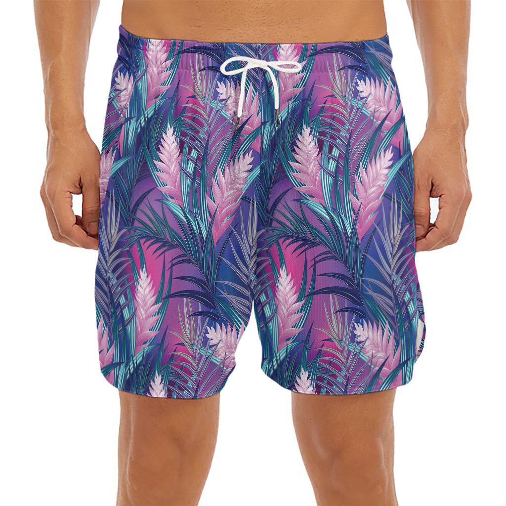 Teal And Pink Tropical Floral Print Men's Split Running Shorts