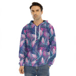 Teal And Pink Tropical Floral Print Men's Velvet Pullover Hoodie