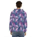Teal And Pink Tropical Floral Print Men's Velvet Pullover Hoodie