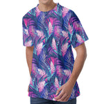 Teal And Pink Tropical Floral Print Men's Velvet T-Shirt
