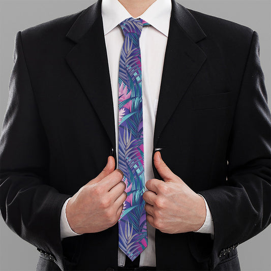 Teal And Pink Tropical Floral Print Necktie