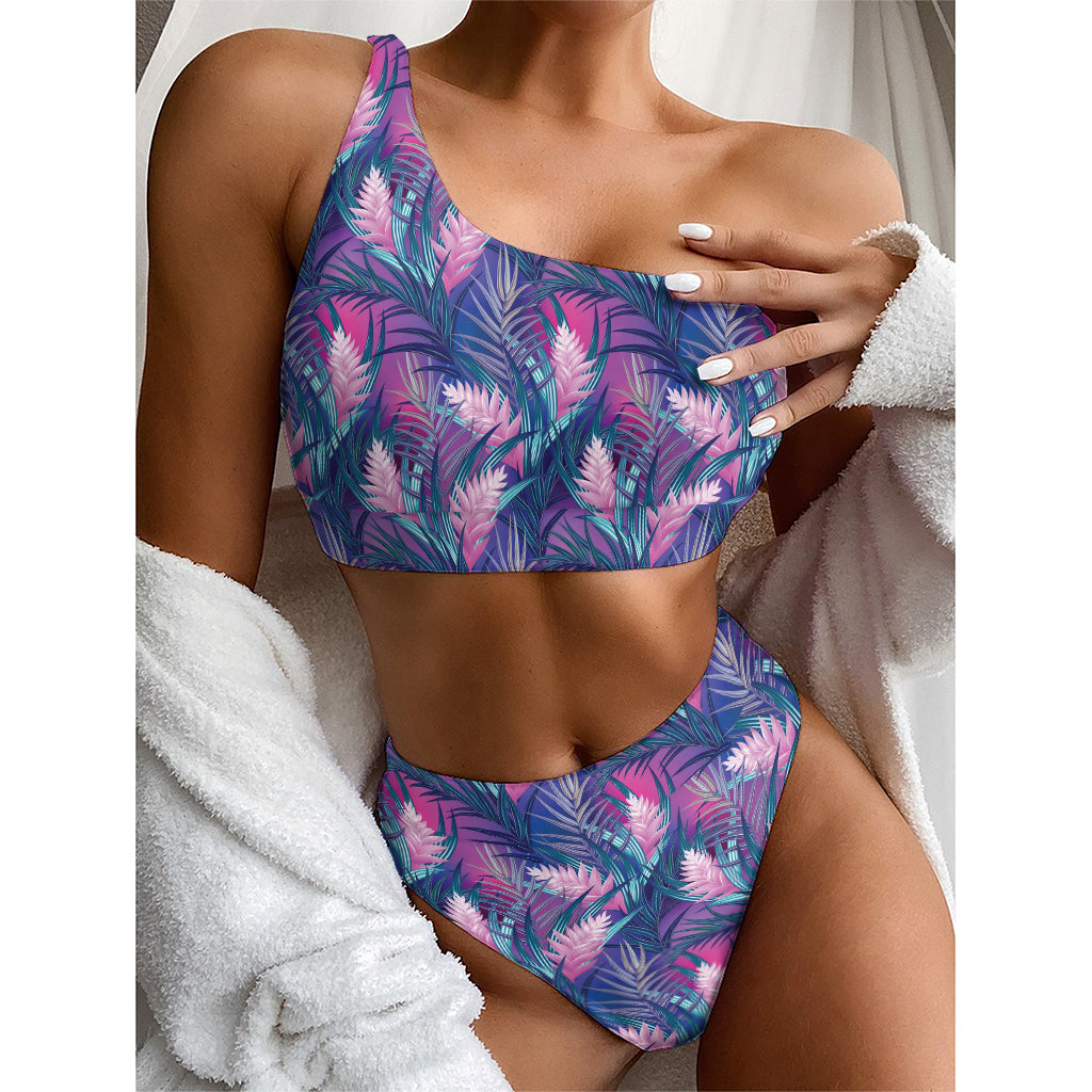 Teal And Pink Tropical Floral Print One Shoulder Bikini Top