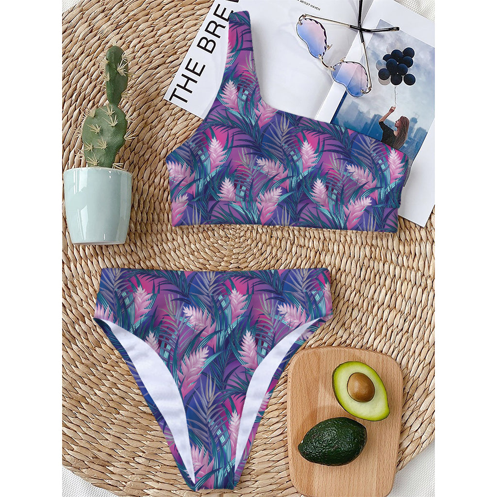 Teal And Pink Tropical Floral Print One Shoulder Bikini Top