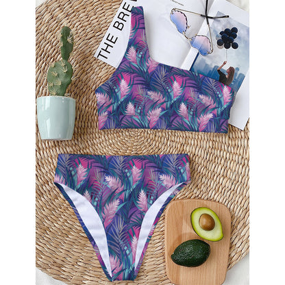 Teal And Pink Tropical Floral Print One Shoulder Bikini Top