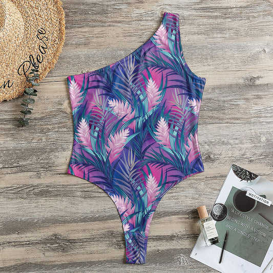 Teal And Pink Tropical Floral Print One Shoulder Bodysuit