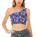 Teal And Pink Tropical Floral Print One Shoulder Crop Top