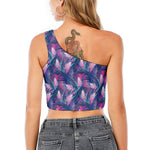Teal And Pink Tropical Floral Print One Shoulder Crop Top