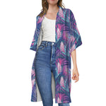 Teal And Pink Tropical Floral Print Open Front Beach Cover Up