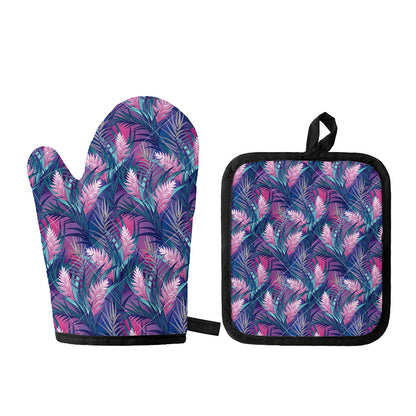 Teal And Pink Tropical Floral Print Oven Mitt And Pot Holder Set