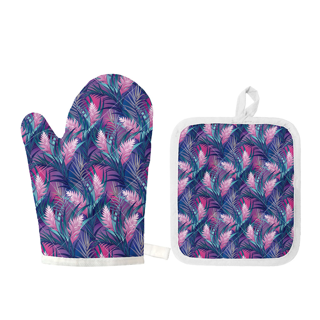 Teal And Pink Tropical Floral Print Oven Mitt And Pot Holder Set