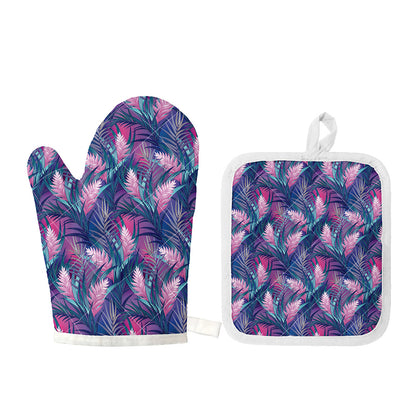 Teal And Pink Tropical Floral Print Oven Mitt And Pot Holder Set