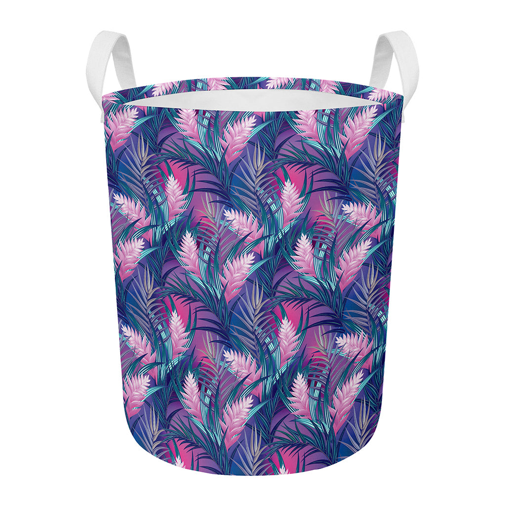 Teal And Pink Tropical Floral Print Round Laundry Basket