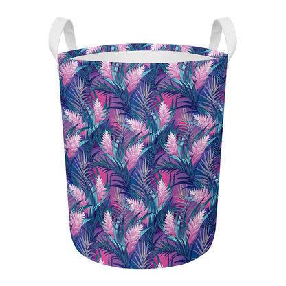 Teal And Pink Tropical Floral Print Round Laundry Basket