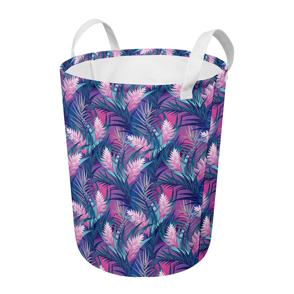 Teal And Pink Tropical Floral Print Round Laundry Basket