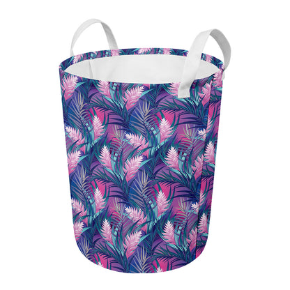 Teal And Pink Tropical Floral Print Round Laundry Basket