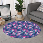 Teal And Pink Tropical Floral Print Round Rug