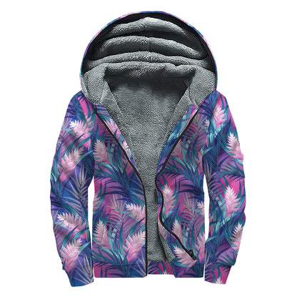 Teal And Pink Tropical Floral Print Sherpa Lined Zip Up Hoodie