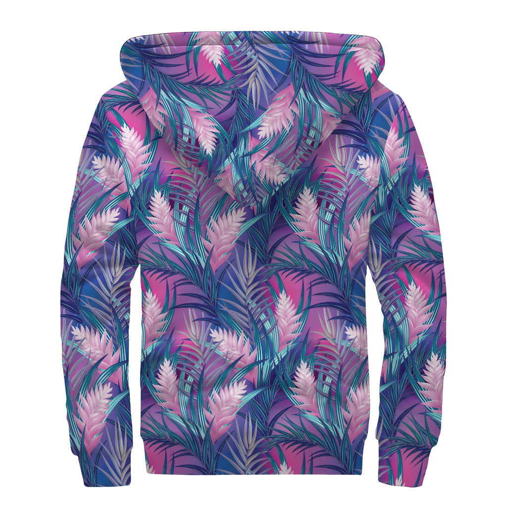 Teal And Pink Tropical Floral Print Sherpa Lined Zip Up Hoodie