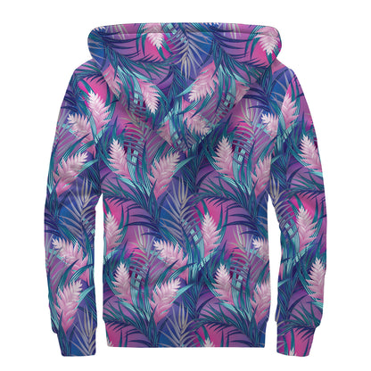 Teal And Pink Tropical Floral Print Sherpa Lined Zip Up Hoodie