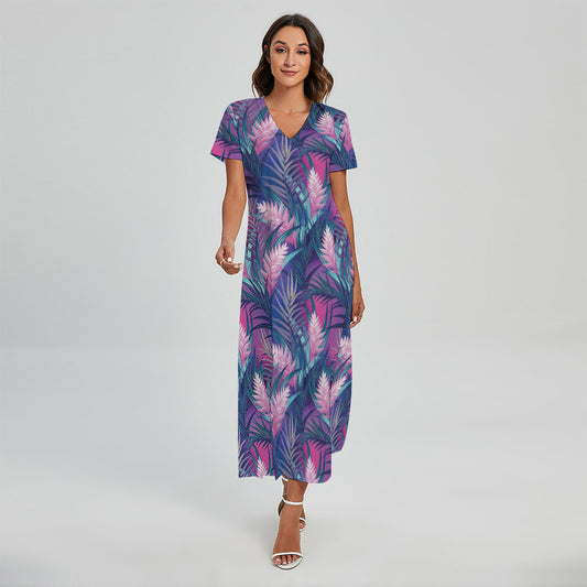Teal And Pink Tropical Floral Print Short Sleeve Maxi Dress