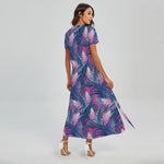 Teal And Pink Tropical Floral Print Short Sleeve Maxi Dress